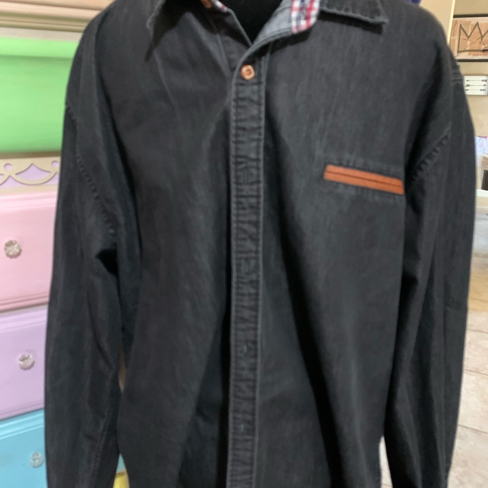 Black Denim Button-Up Shirt with Brown Accents